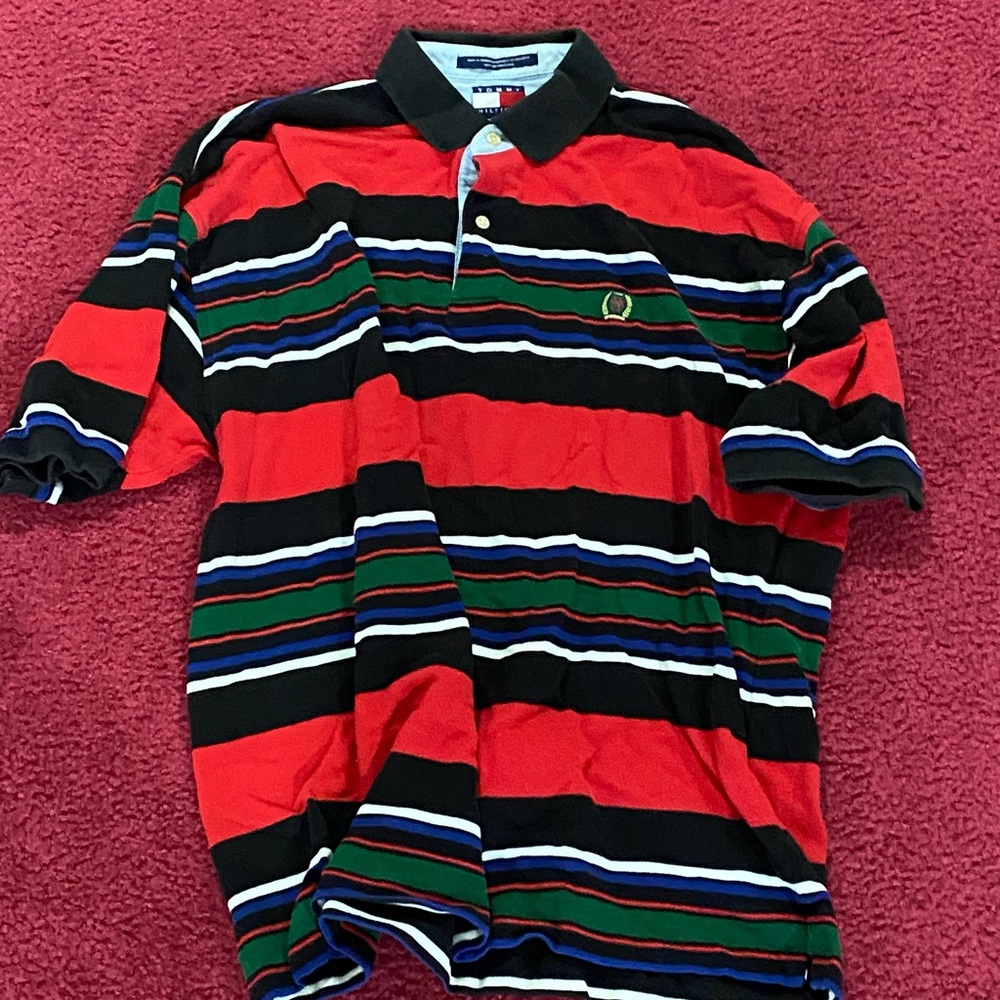 Tommy Hilfiger Red, Black & Green Striped Polo